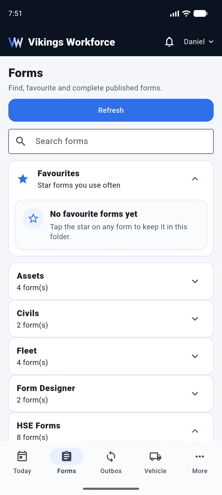 Vikings Workforce mobile app with available field forms grouped by department